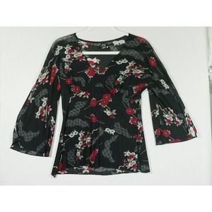 Black Red Floral Blouse Top Size Medium PS Per Sextion Bell Split Sleeve